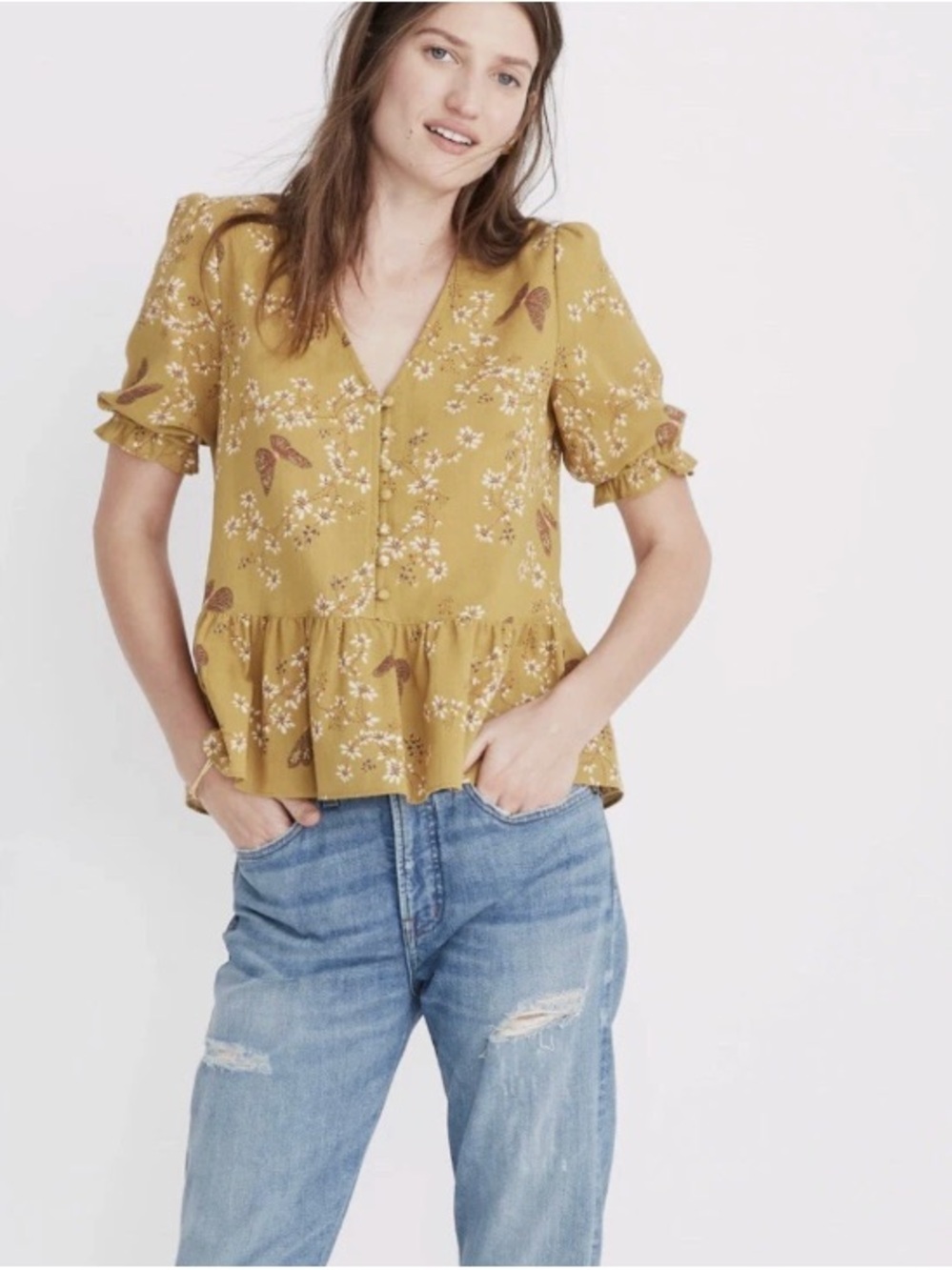 Madewell Mustard Floral Butterfly Peplum Blouse
